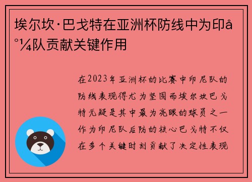 埃尔坎·巴戈特在亚洲杯防线中为印尼队贡献关键作用