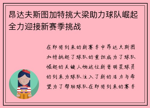 昂达夫斯图加特挑大梁助力球队崛起全力迎接新赛季挑战